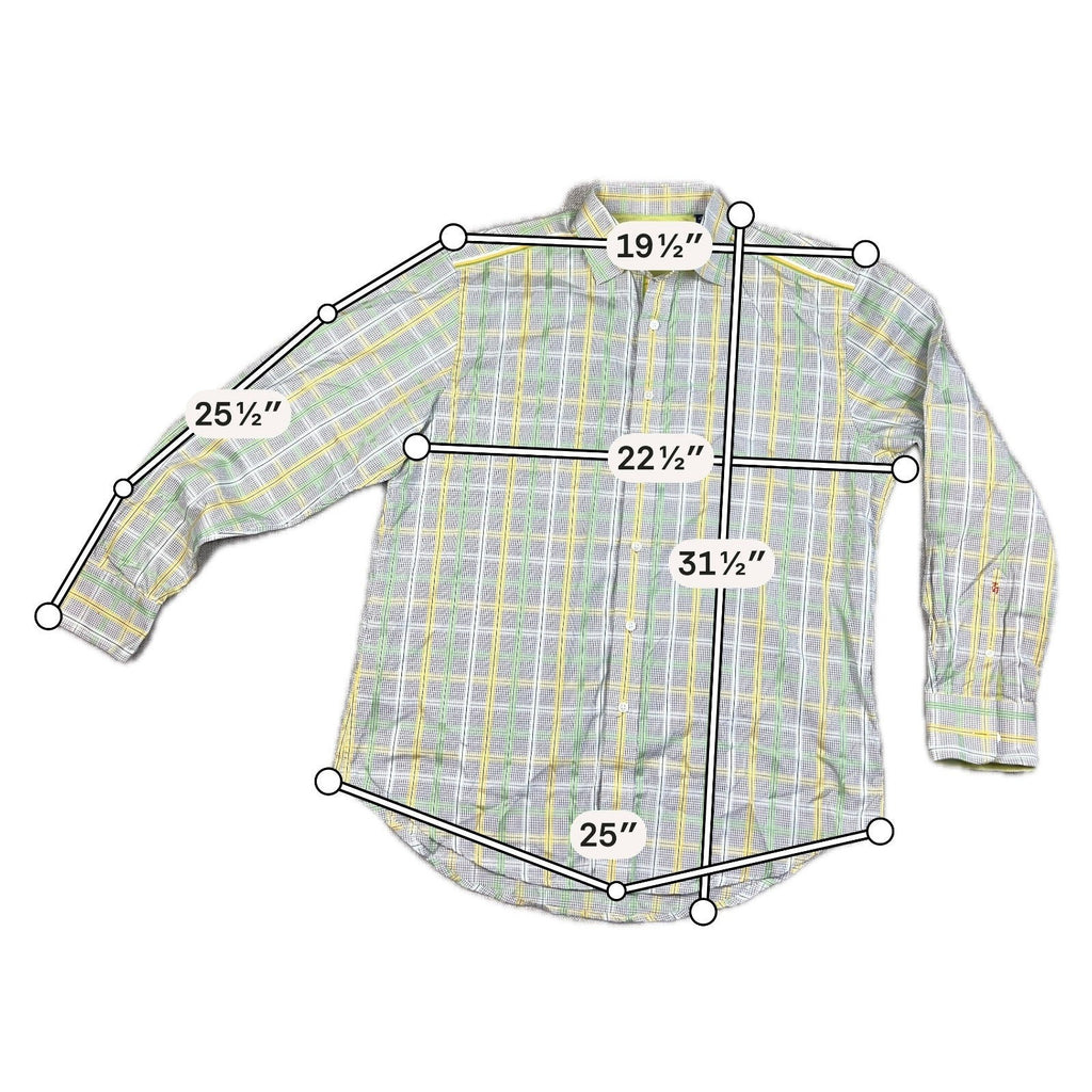Second Half Supply Co, LLC Robert Graham men's long-sleeve button-up shirt in a green, yellow, and gray plaid pattern.