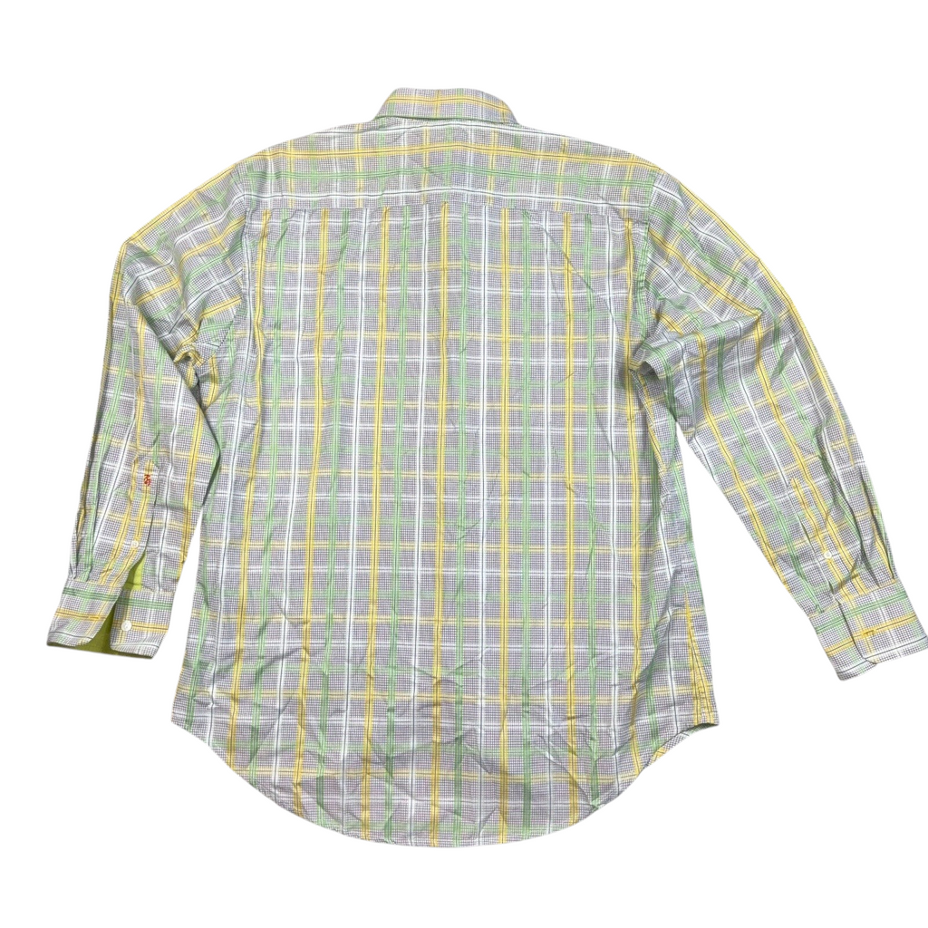 Second Half Supply Co, LLC men's Robert Graham long sleeve button-up shirt in a green, yellow, and gray plaid pattern.