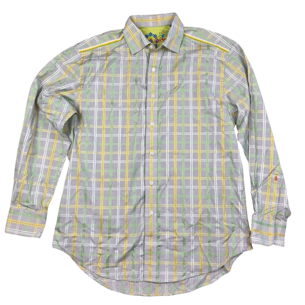 Second Half Supply Co, LLC Robert Graham men's long sleeve button-up shirt in a green, yellow, and gray plaid pattern.