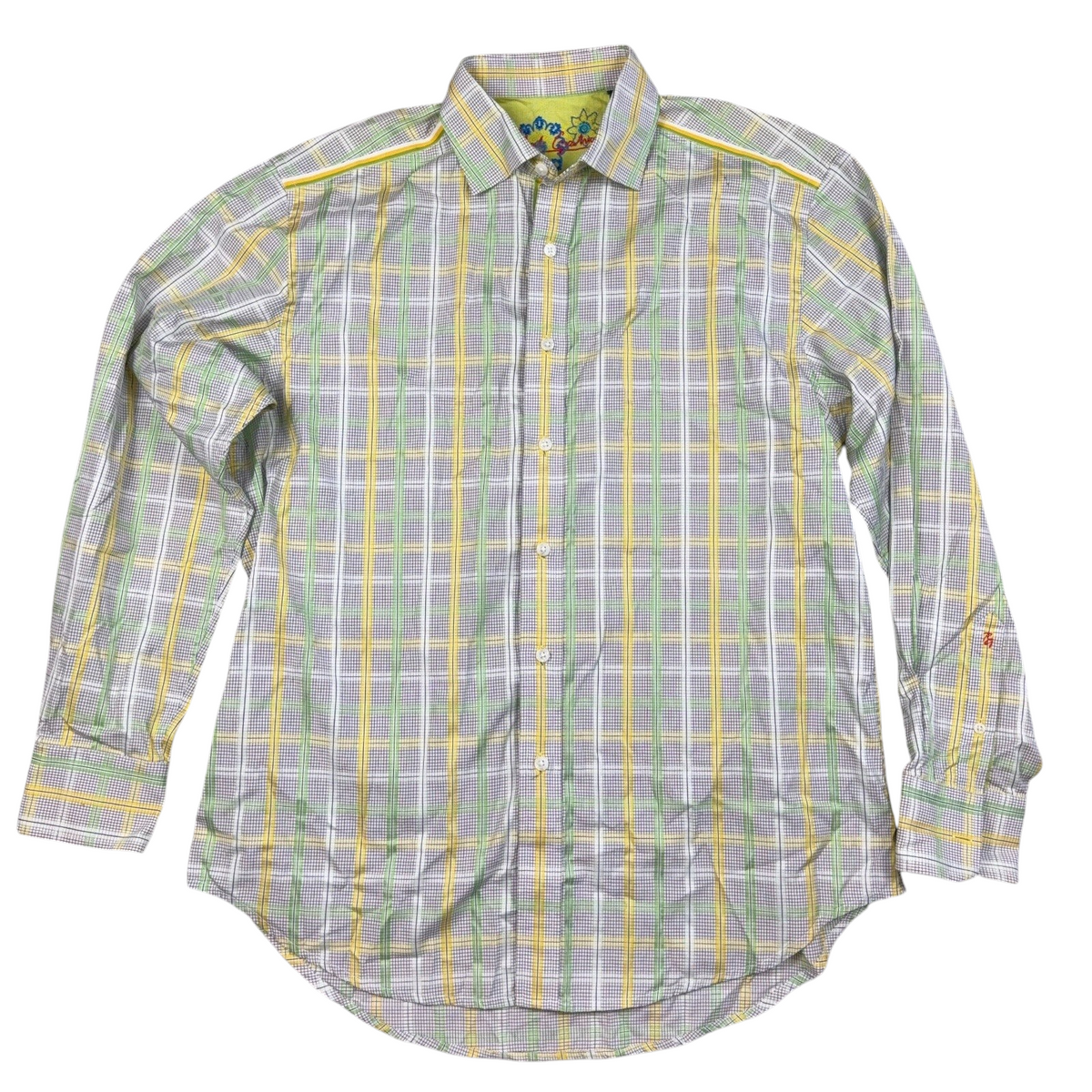 Second Half Supply Co, LLC Robert Graham men's long sleeve button-up shirt in a green, yellow, and gray plaid pattern.