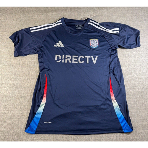 Second Half Supply Co, LLC navy blue Adidas San Diego FC soccer jersey with white stripes and red gradient accents.