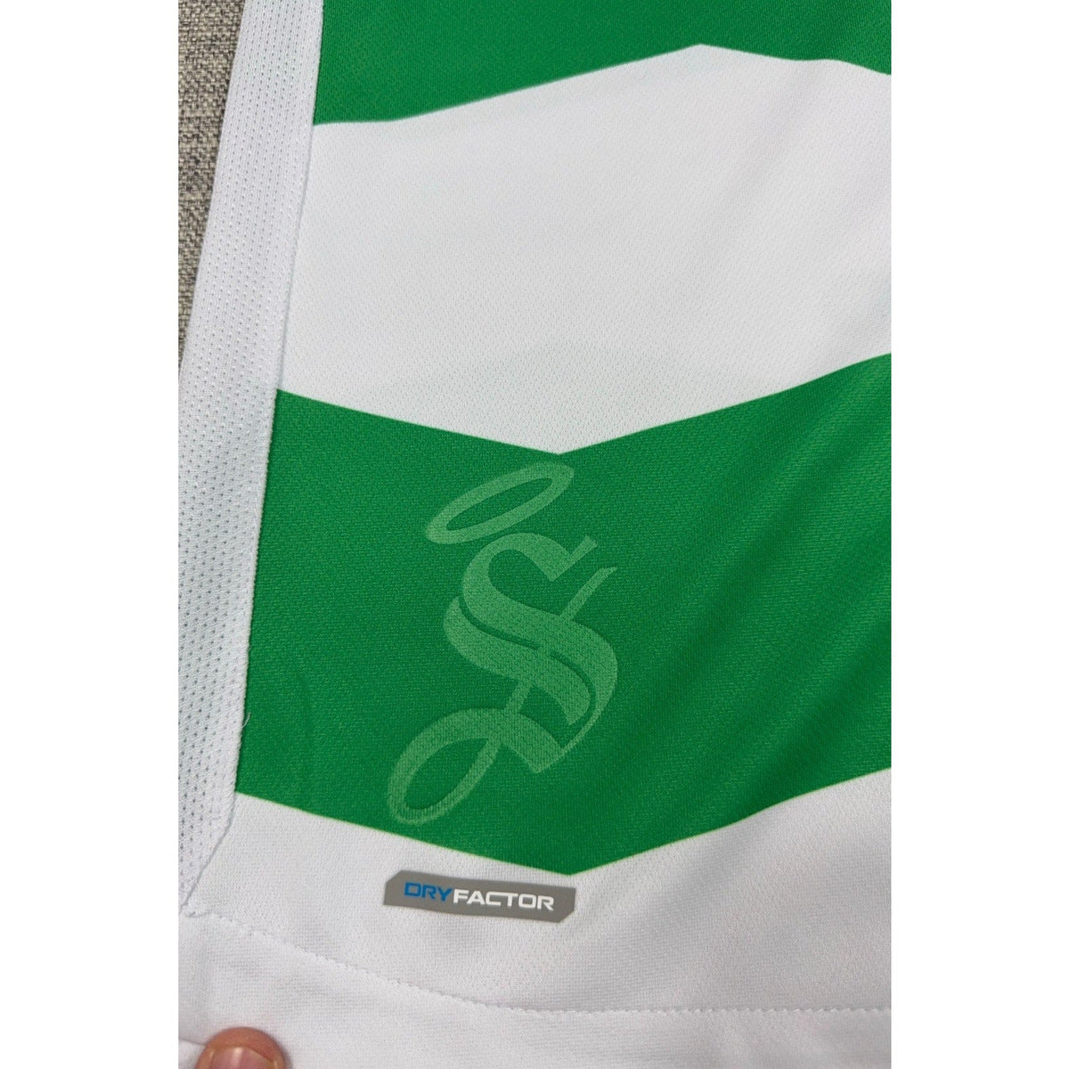 Second Half Supply Co, LLC Santos Laguna 2023/24 home jersey featuring green and white hoops and Dry Factor logo