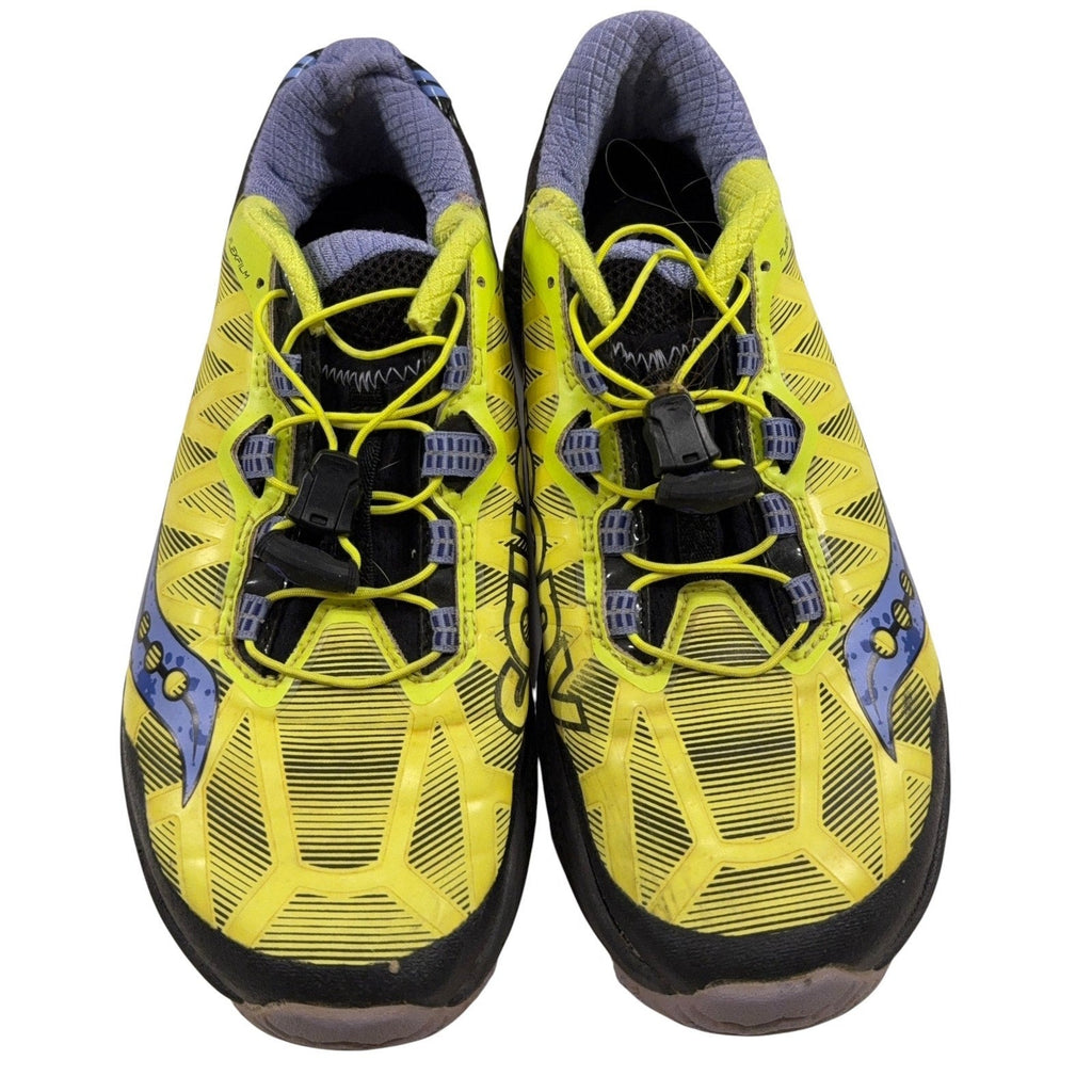 Second Half Supply Co, LLC Saucony Koa ST women's trail running shoes in citron yellow with purple accents and toggles