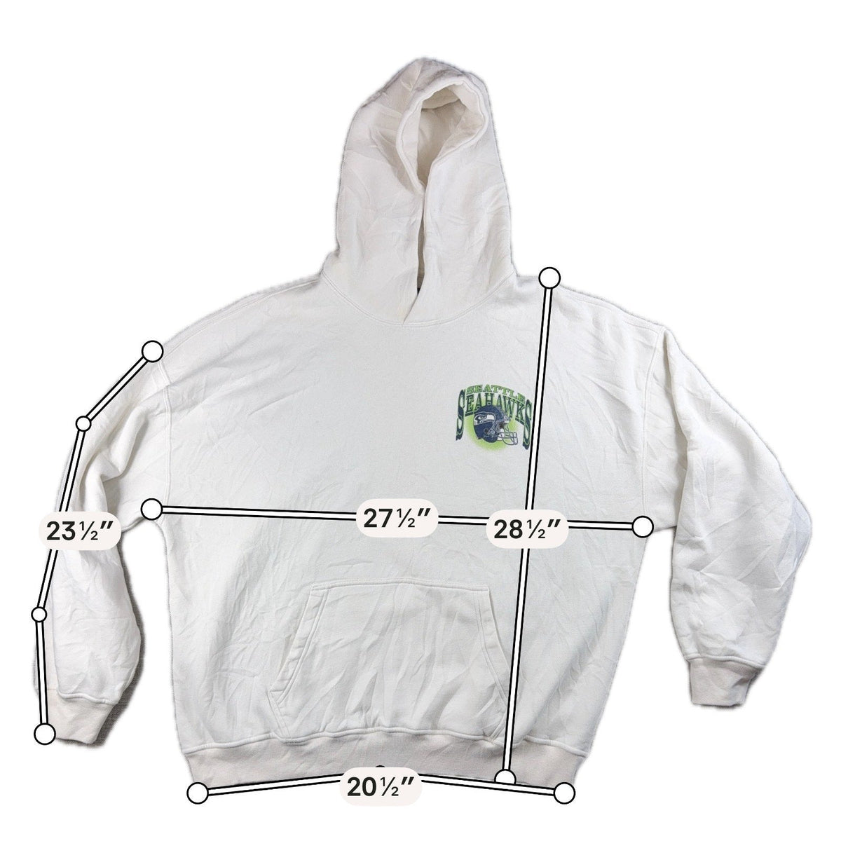 Second Half Supply Co, LLC off-white Abercrombie & Fitch Seattle Seahawks fleece hoodie with measurement overlays