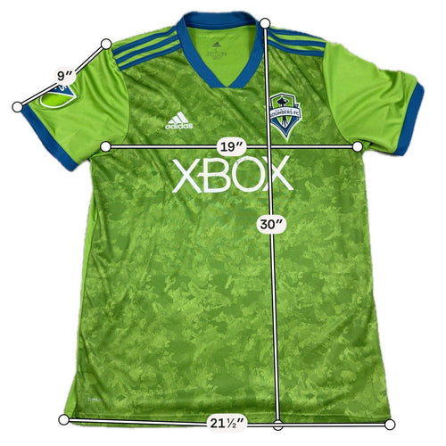 Second Half Supply Co, LLC Seattle Sounders 2018-19 home jersey in rave green with blue trim and Xbox sponsor logo.