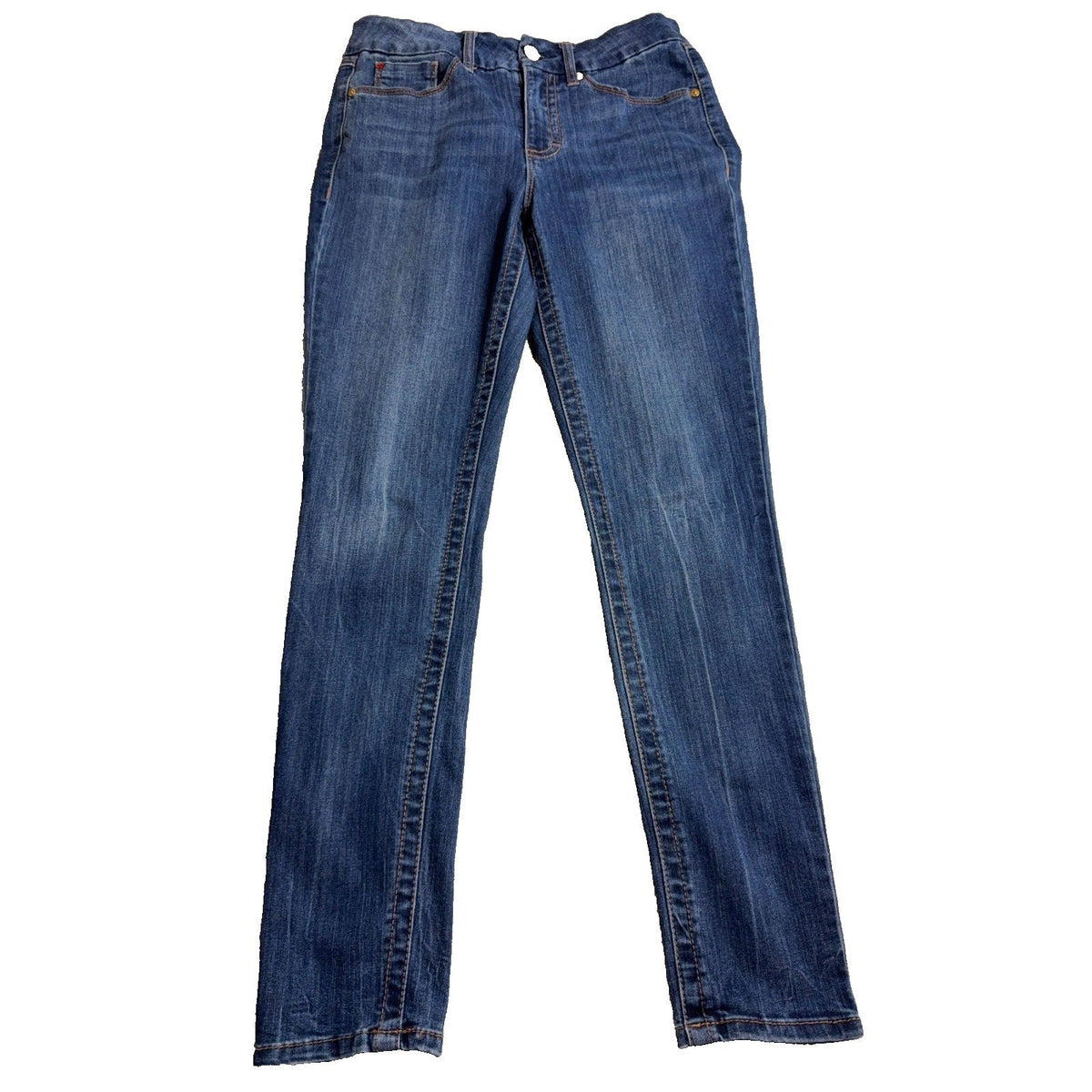 Second Half Supply Co, LLC Seven7 high-rise skinny jeans in medium blue stretch denim with a tonal side stripe