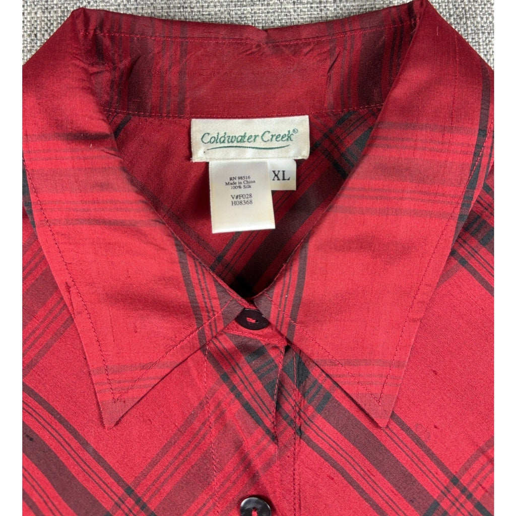 Second Half Supply Co, LLC Coldwater Creek red and black plaid silk tunic shirt with point collar and size XL label