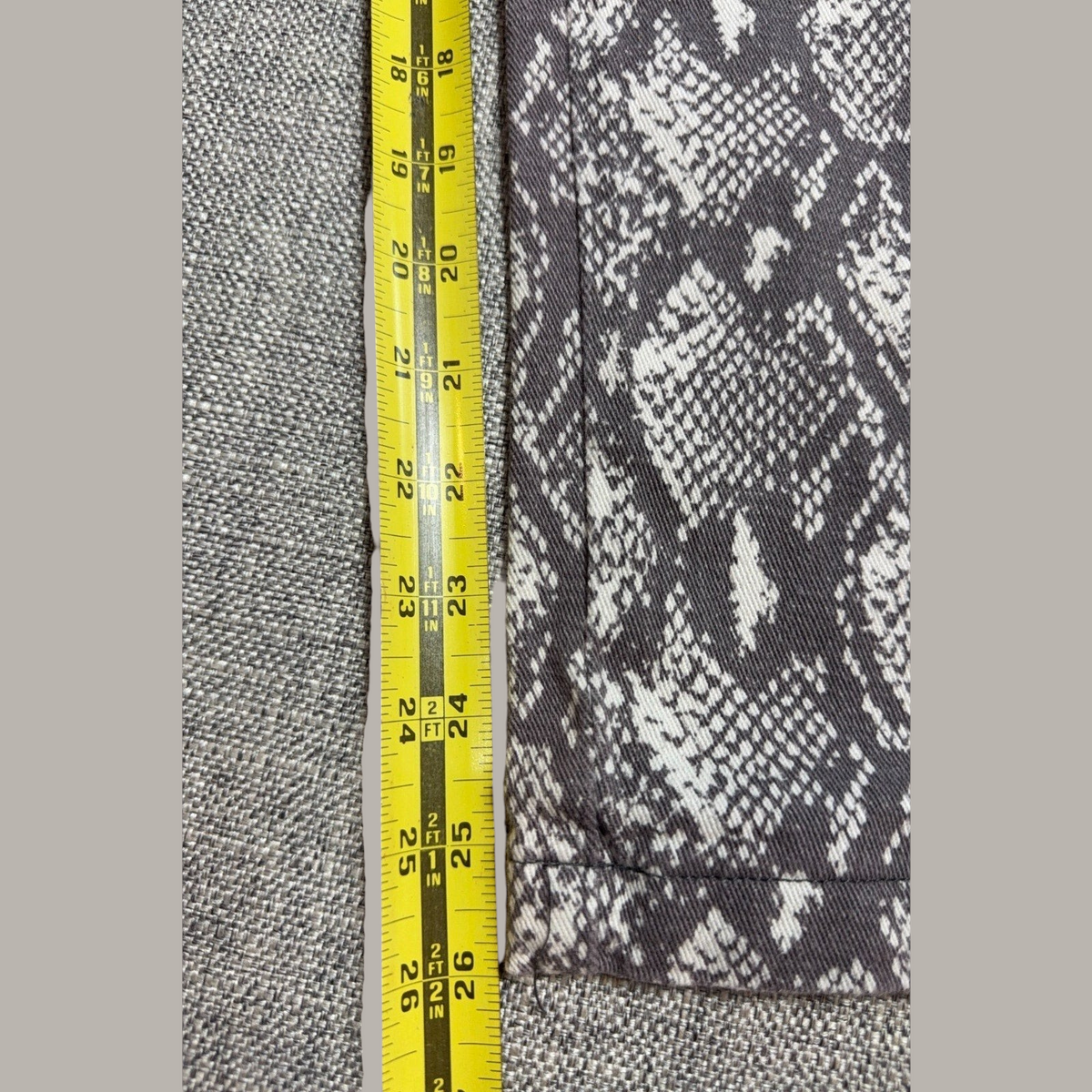 Second Half Supply Co, LLC gray and white snakeskin print cropped pants with measuring tape showing 25.5 inch inseam