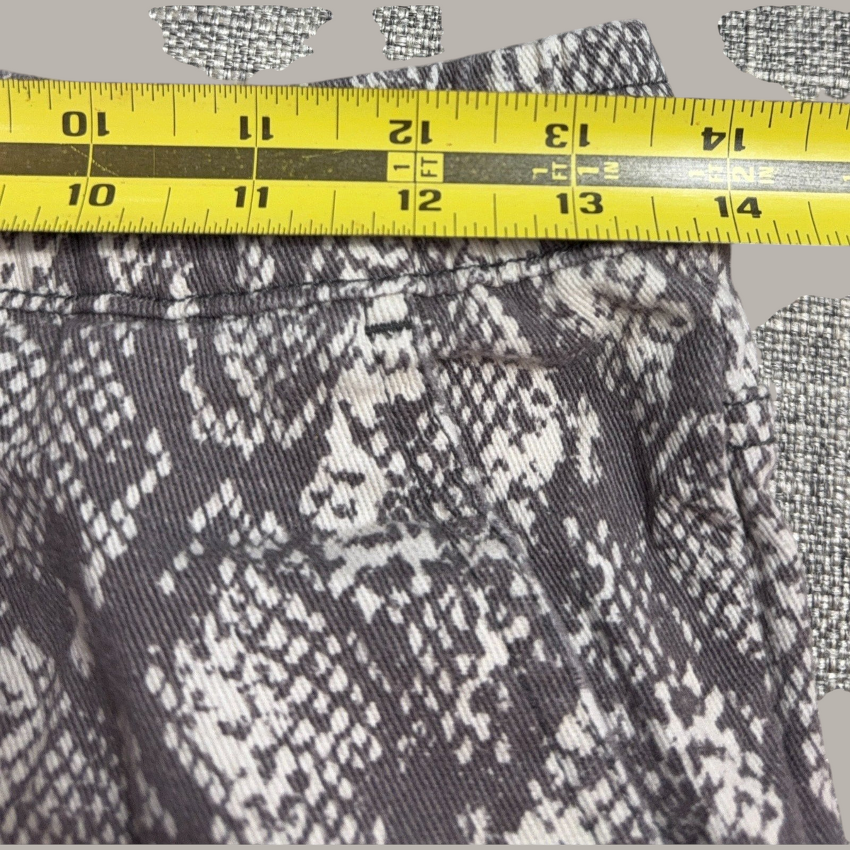 Second Half Supply Co, LLC gray and white snakeskin print pants waist measurement showing 14 inches