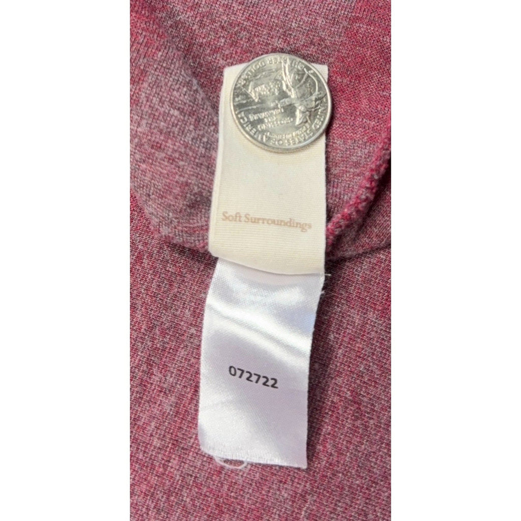 Second Half Supply Co, LLC Soft Surroundings clothing tag on red and gray buffalo check knit fabric