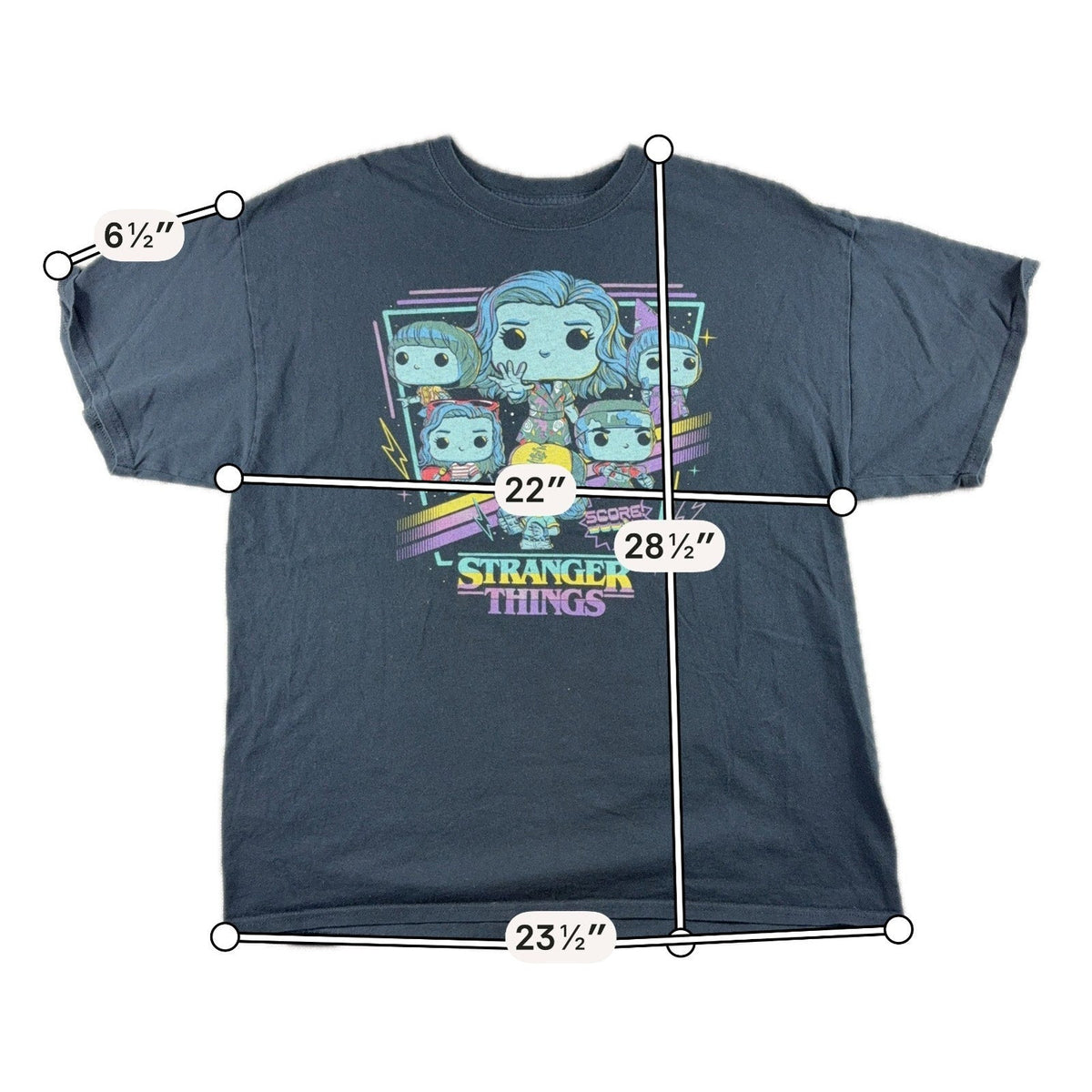 Second Half Supply Co, LLC Stranger Things Funko Pop graphic t-shirt in faded black cotton with 80s neon character art