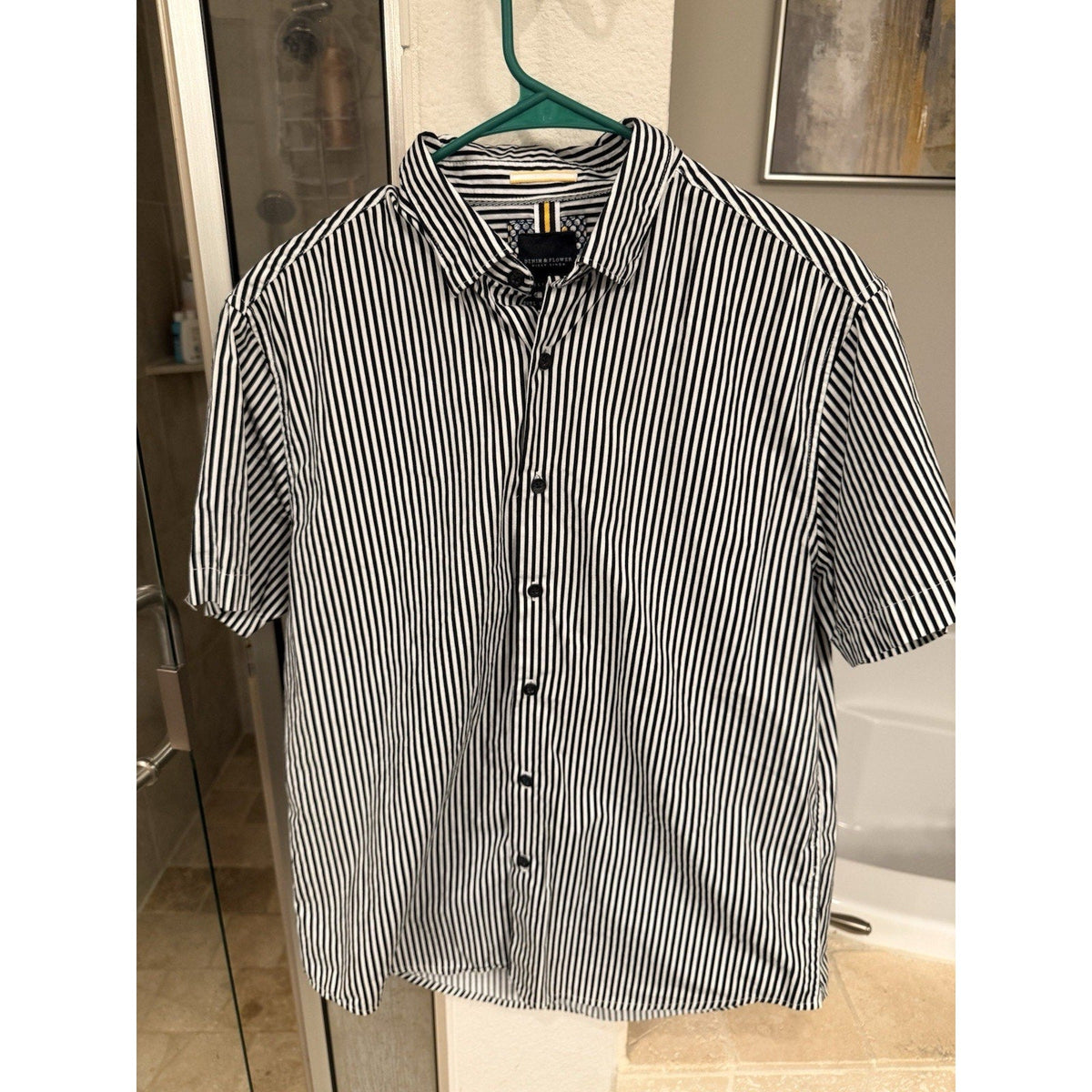 Second Half Supply Co, LLC Denim & Flower black and white vertical striped short sleeve button-up shirt