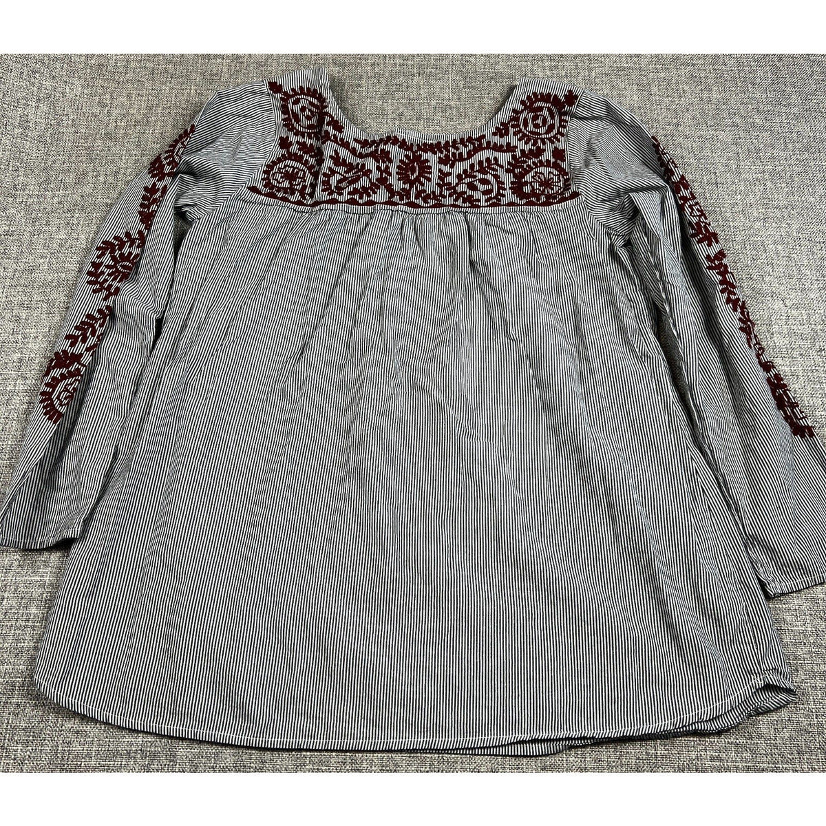 Second Half Supply Co, LLC black and white striped cotton peasant tunic with burgundy folk-style embroidery