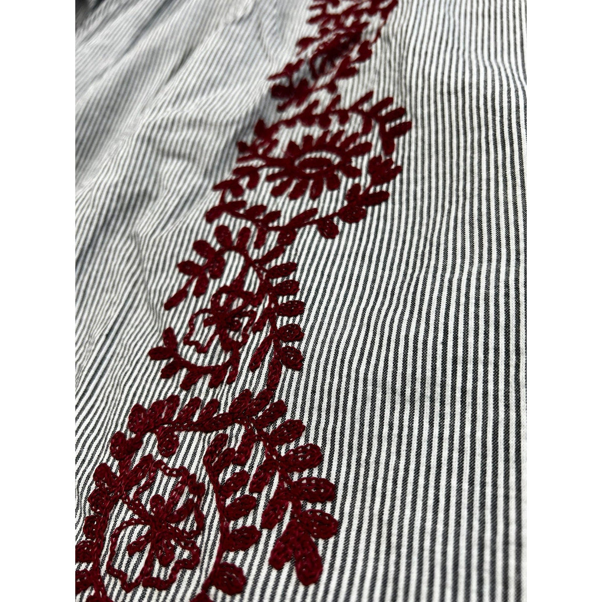 Second Half Supply Co, LLC black and white striped cotton tunic with detailed burgundy folk-style embroidery