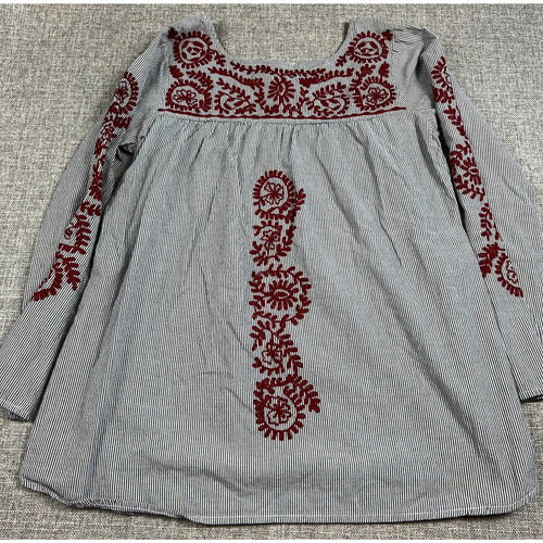 Second Half Supply Co, LLC black and white striped cotton peasant tunic with burgundy folk-style floral embroidery.