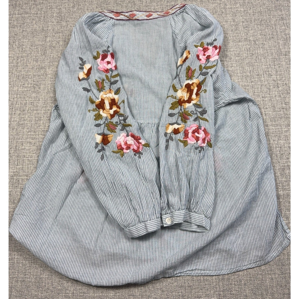 Second Half Supply Co, LLC boho cotton blouse with blue-gray stripes and pink floral embroidery on sleeves