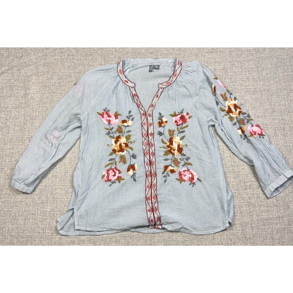 Second Half Supply Co, LLC boho cotton blouse with blue-gray stripes, floral embroidery, and a split neckline.