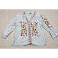Second Half Supply Co, LLC boho cotton blouse with blue-gray stripes, floral embroidery, and a split neckline.