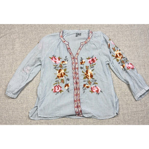 ANU Blouse Womens S M Floral Embroidered Striped Cotton Boho Tunic Split Neck