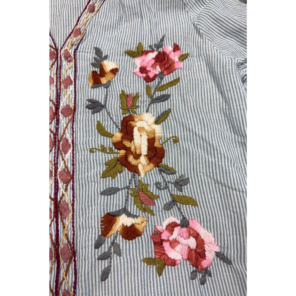 Second Half Supply Co, LLC cotton blouse with blue-gray stripes and pink and brown floral embroidery on the front