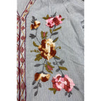 Second Half Supply Co, LLC cotton blouse with blue-gray stripes and pink and brown floral embroidery on the front