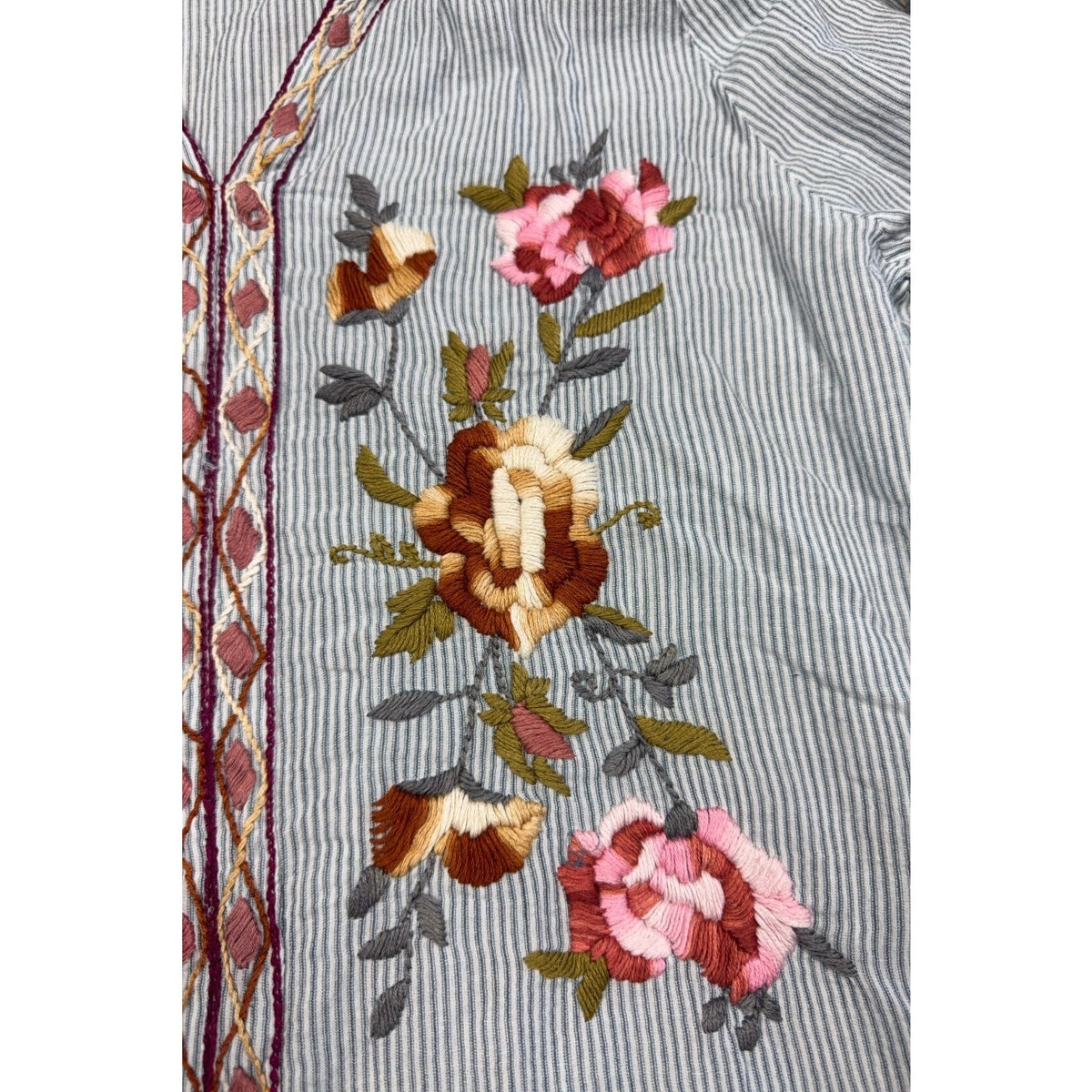 Second Half Supply Co, LLC cotton blouse with blue-gray stripes and pink and brown floral embroidery on the front
