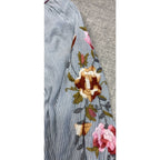 Second Half Supply Co, LLC boho cotton blouse sleeve with blue-gray stripes and detailed pink and brown floral embroidery