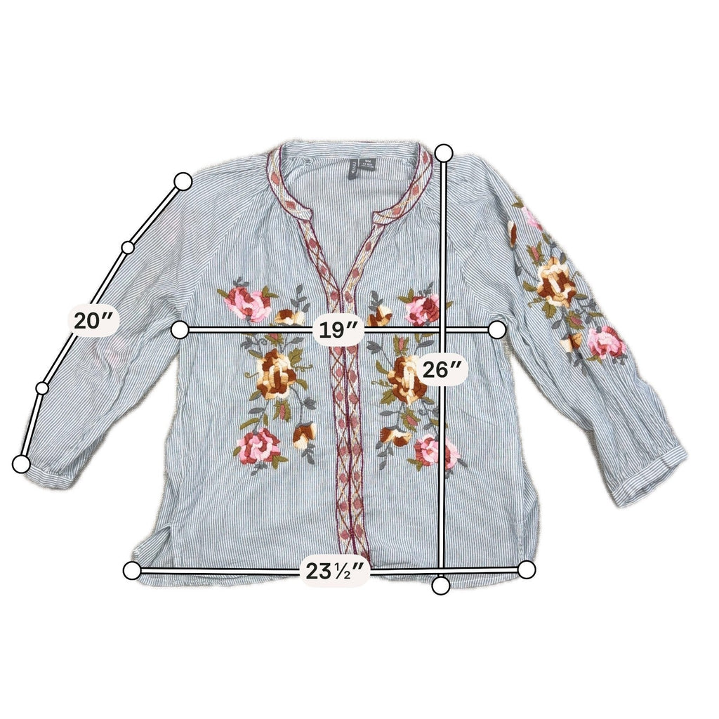 Second Half Supply Co, LLC boho cotton tunic with blue stripes, floral embroidery, and split neckline measurements