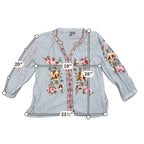 Second Half Supply Co, LLC boho cotton tunic with blue stripes, floral embroidery, and split neckline measurements