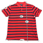 Second Half Supply Co, LLC men's red and navy striped cotton polo shirt with embroidered flag logo and measurements