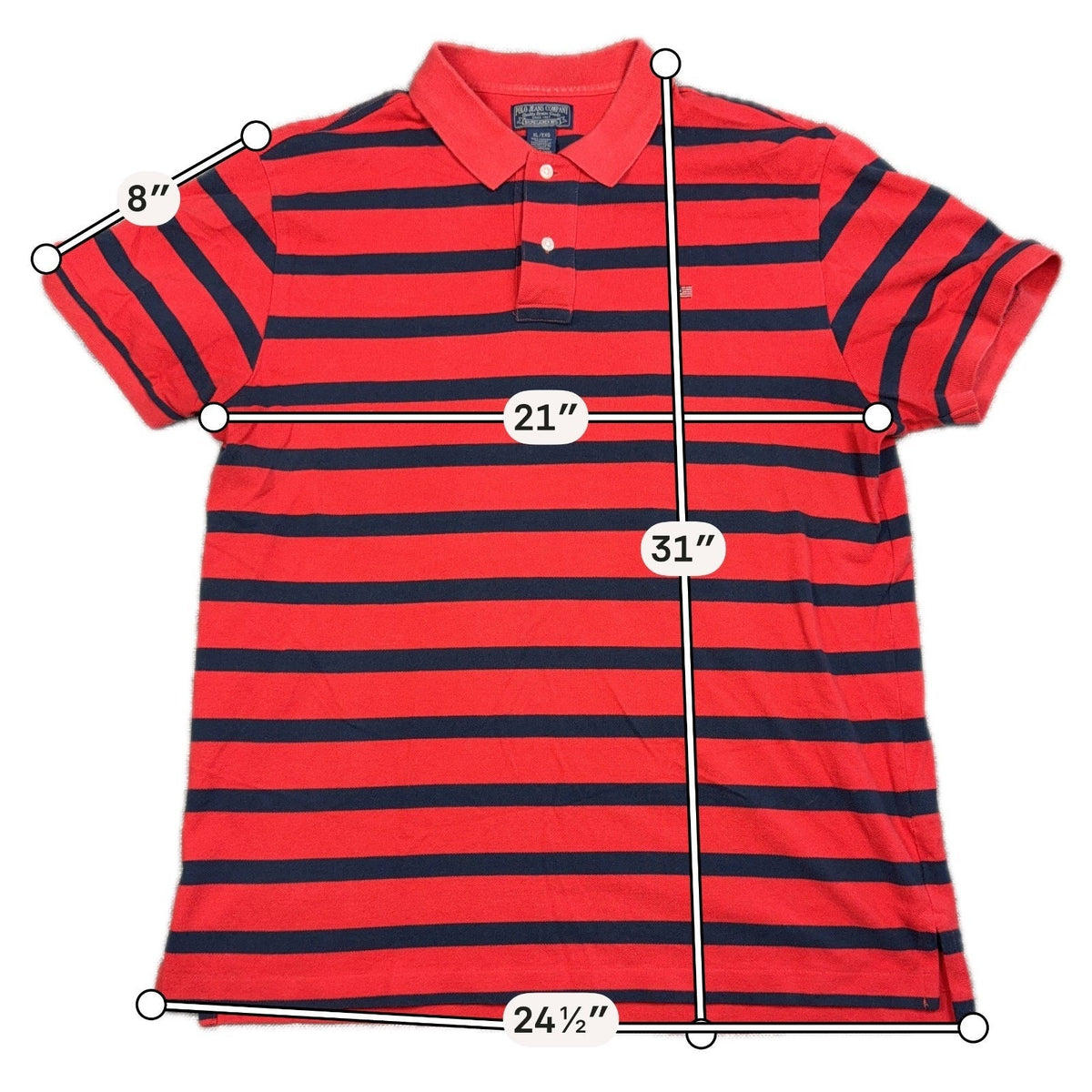 Second Half Supply Co, LLC men's red and navy striped cotton polo shirt with embroidered flag logo and measurements