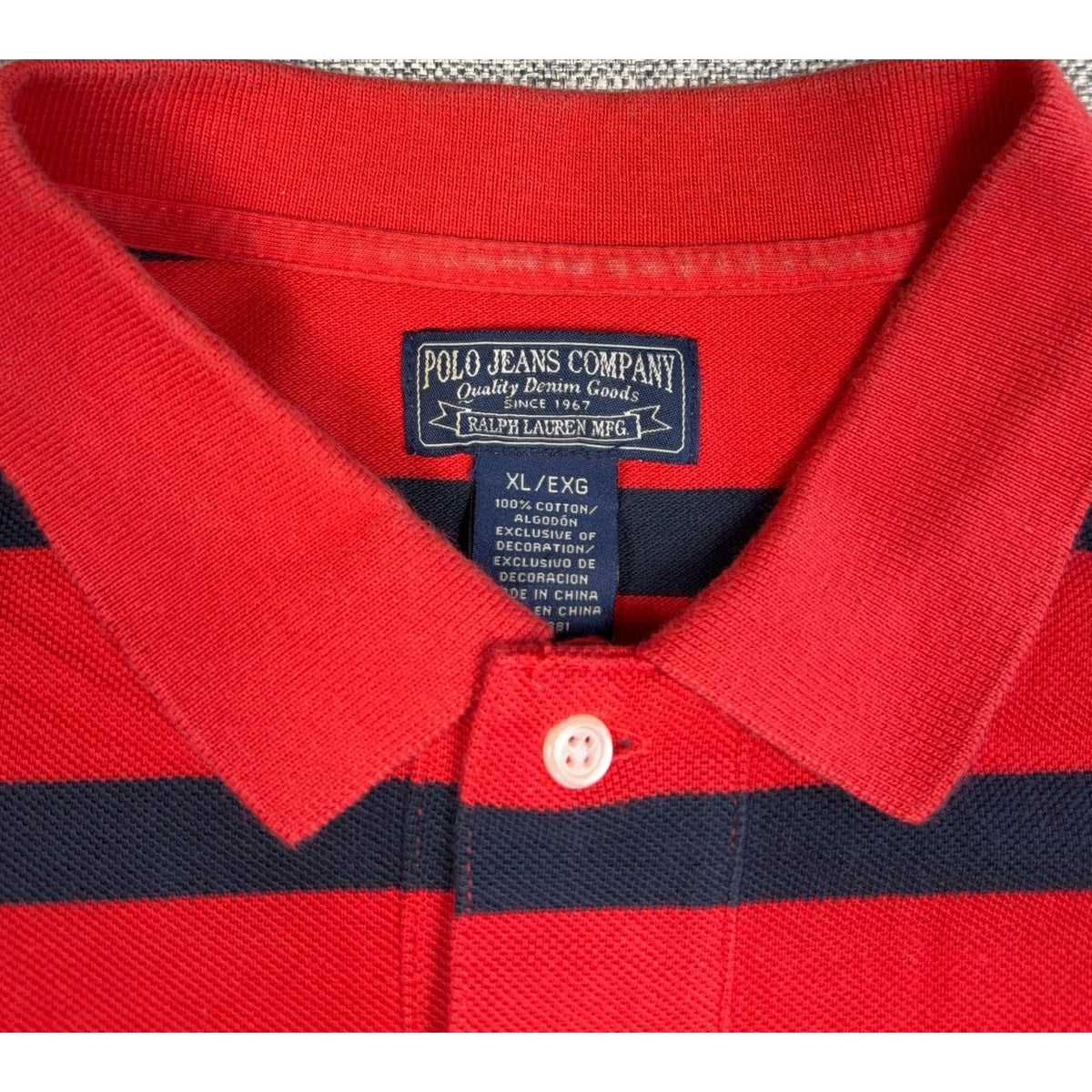 Second Half Supply Co, LLC red and navy striped cotton Polo Jeans Co Ralph Lauren polo shirt with ribbed collar