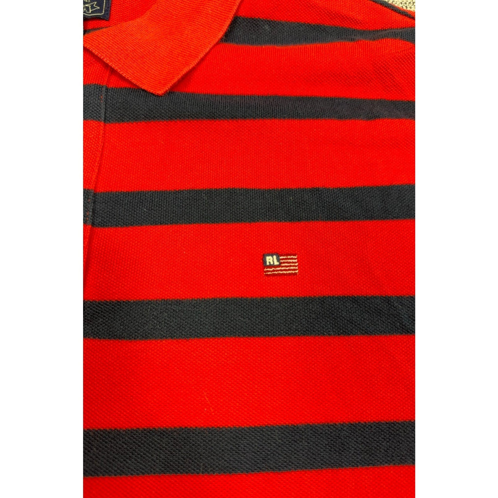 Second Half Supply Co, LLC red and navy striped cotton polo shirt with embroidered RL flag logo on chest