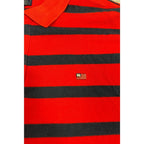 Second Half Supply Co, LLC red and navy striped cotton polo shirt with embroidered RL flag logo on chest