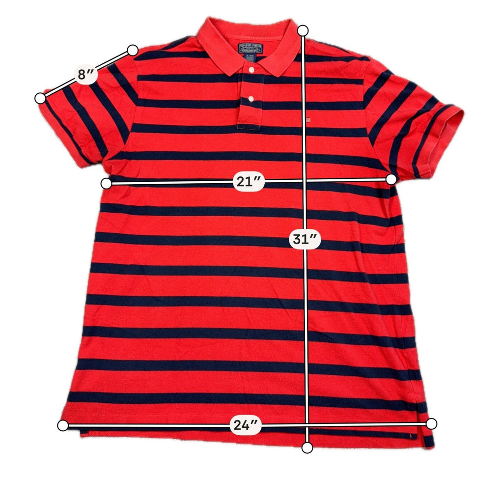 Second Half Supply Co, LLC red and navy striped cotton polo shirt with two-button placket and measurement overlays