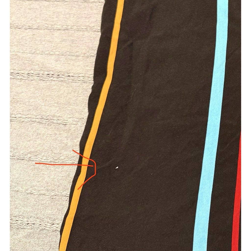 Second Half Supply Co, LLC black short sleeve button-up shirt with multicolor vertical stripes and a small fabric mark