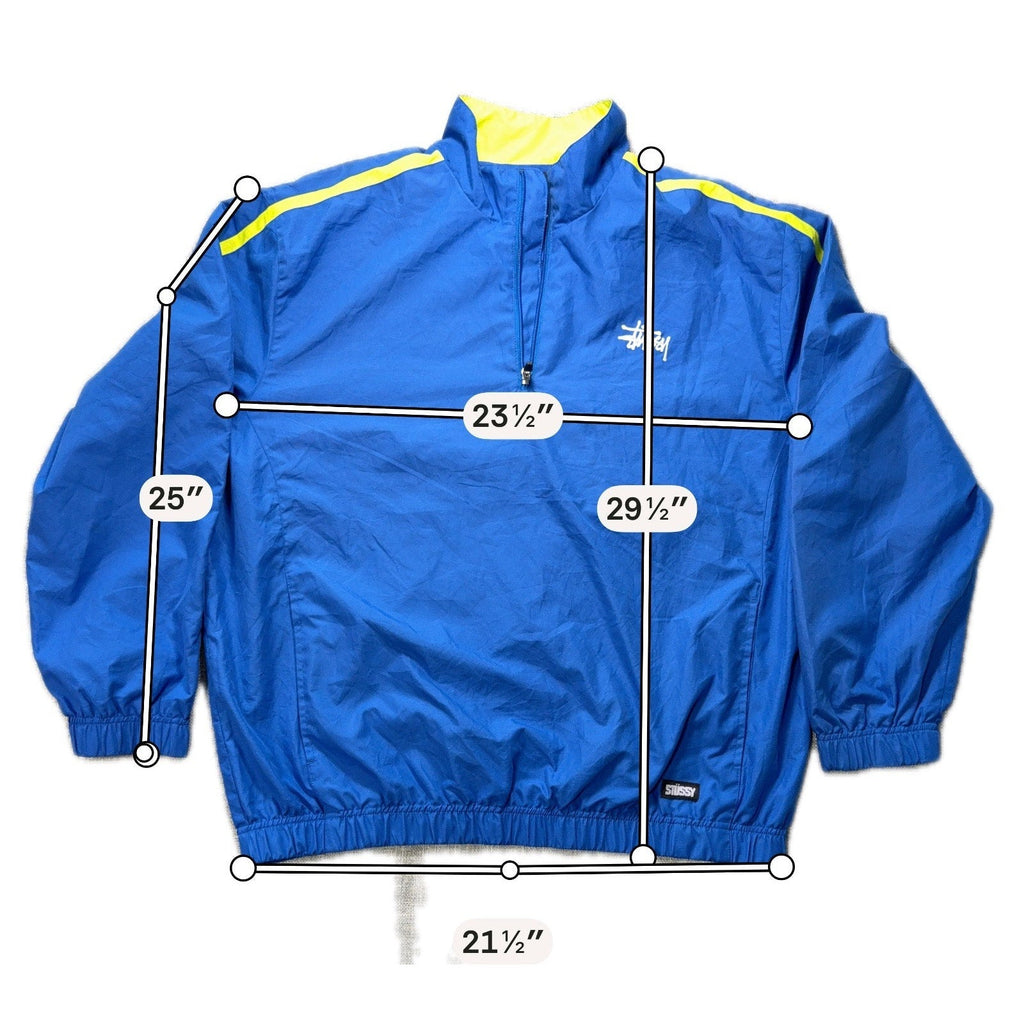 Second Half Supply Co, LLC Stussy blue and neon yellow quarter-zip windbreaker with measurements overlay