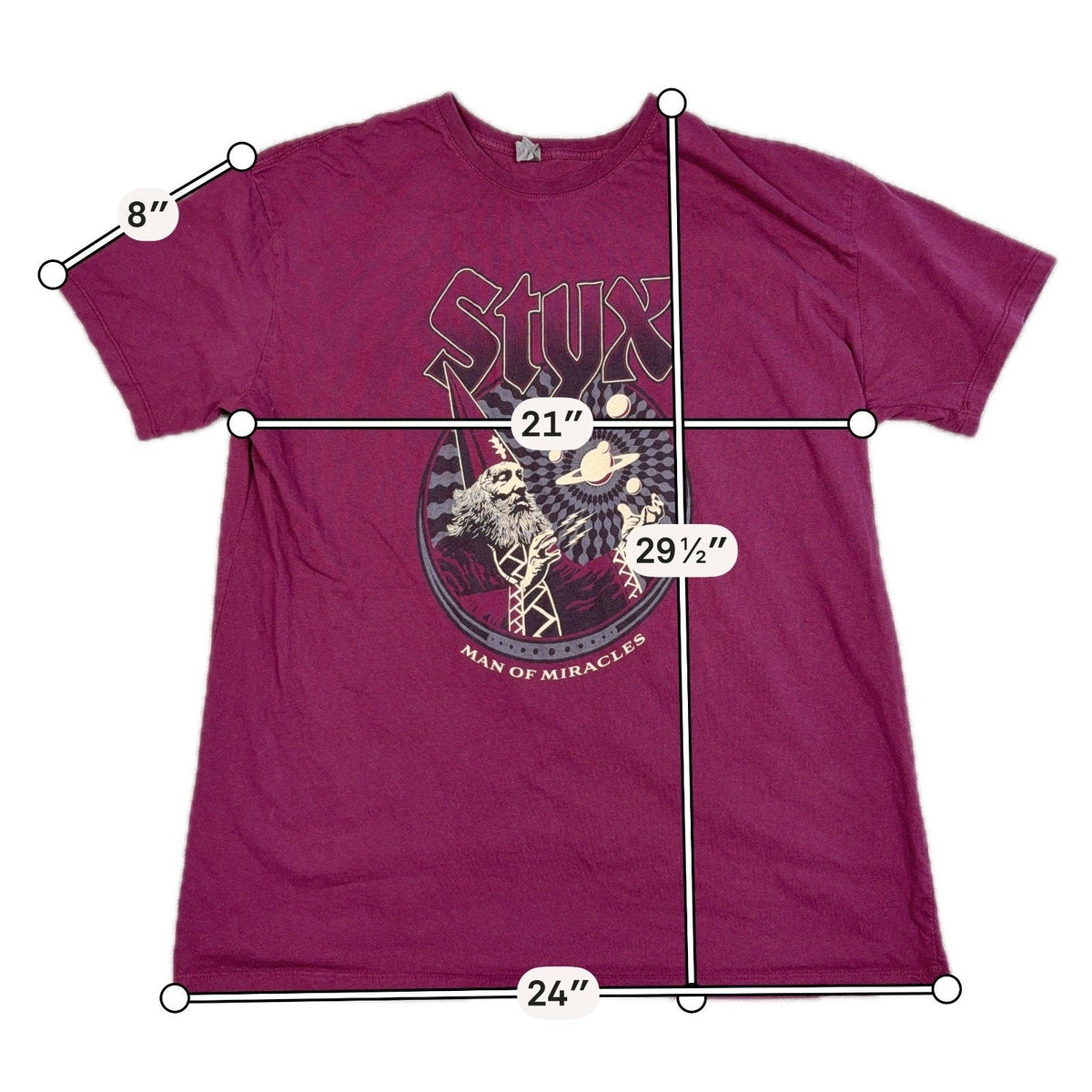 Second Half Supply Co, LLC burgundy Styx Man of Miracles graphic cotton concert tour t-shirt with crew neck.