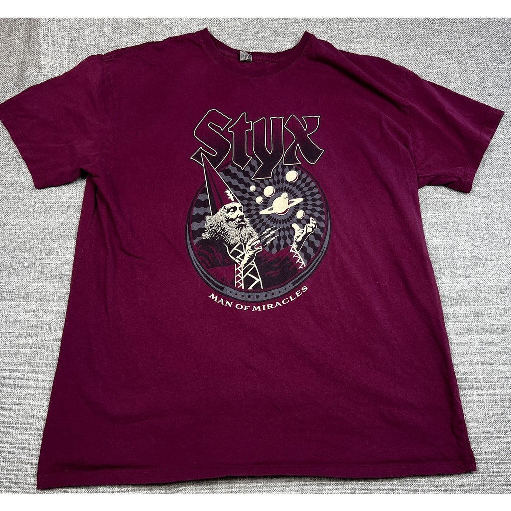 Second Half Supply Co, LLC burgundy Styx Man of Miracles graphic cotton t-shirt with wizard and planet design