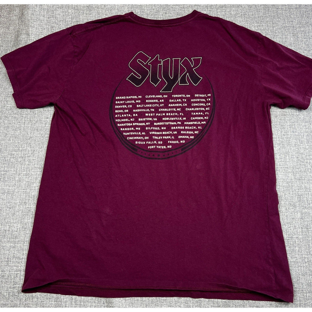 Second Half Supply Co, LLC burgundy Styx Man of Miracles 2024 concert tour t-shirt with back tour dates graphic