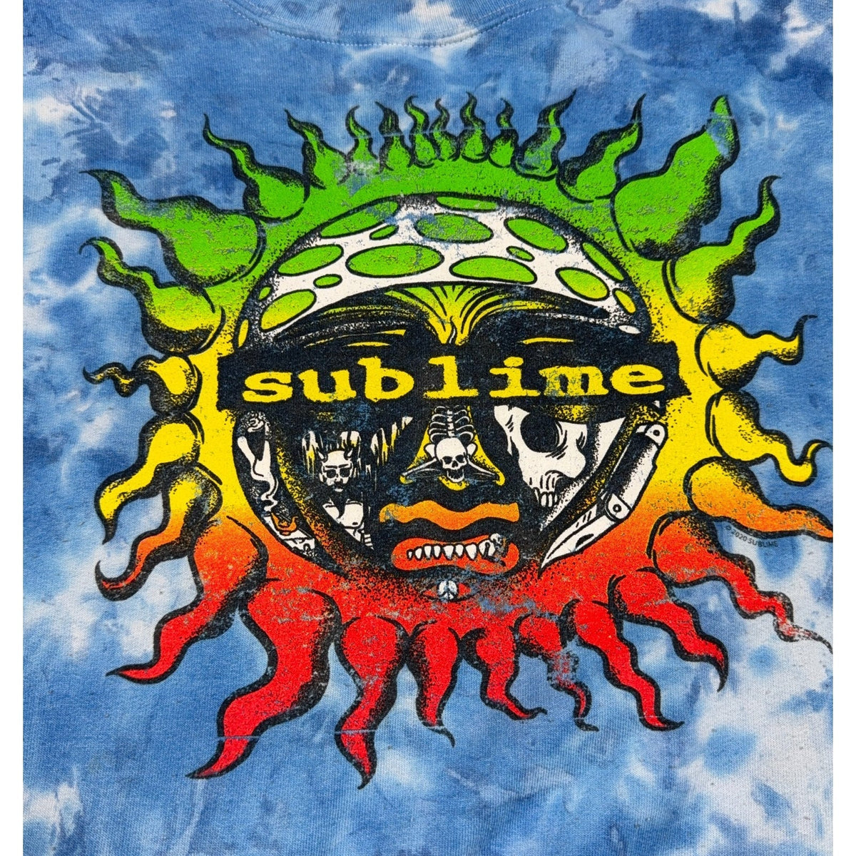 Second Half Supply Co, LLC Sublime band sweatshirt featuring a blue tie dye background and a vibrant sun graphic.