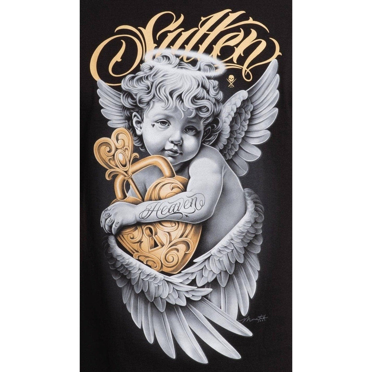 Second Half Supply Co, LLC black graphic t-shirt featuring a detailed angel and gold heart-lock tattoo art design.