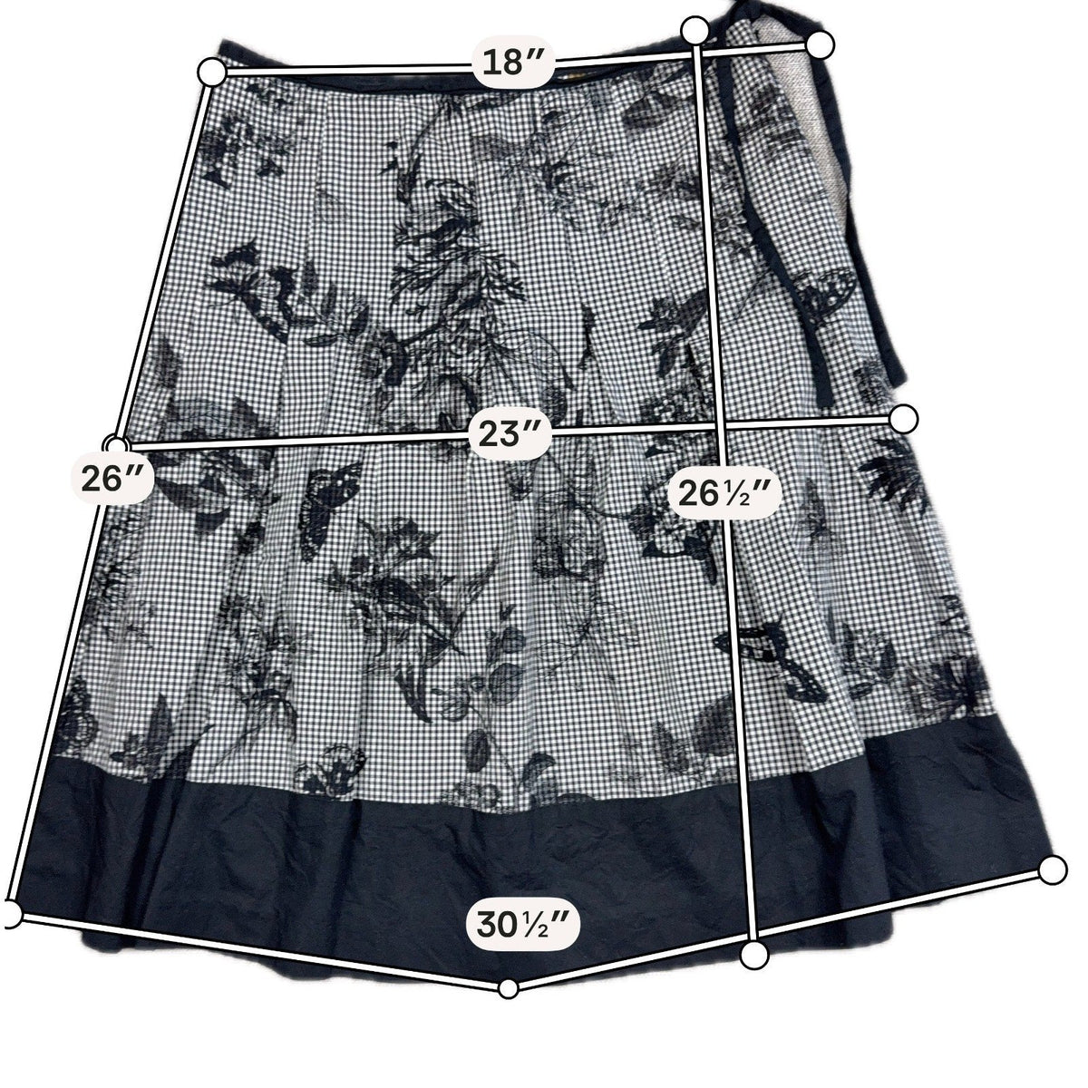 Second Half Supply Co, LLC Talbots cotton midi skirt with black and white gingham, floral, and butterfly print.