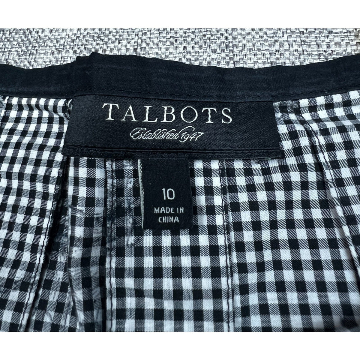 Second Half Supply Co, LLC Talbots black and white gingham pleated midi skirt label and size 10 tag