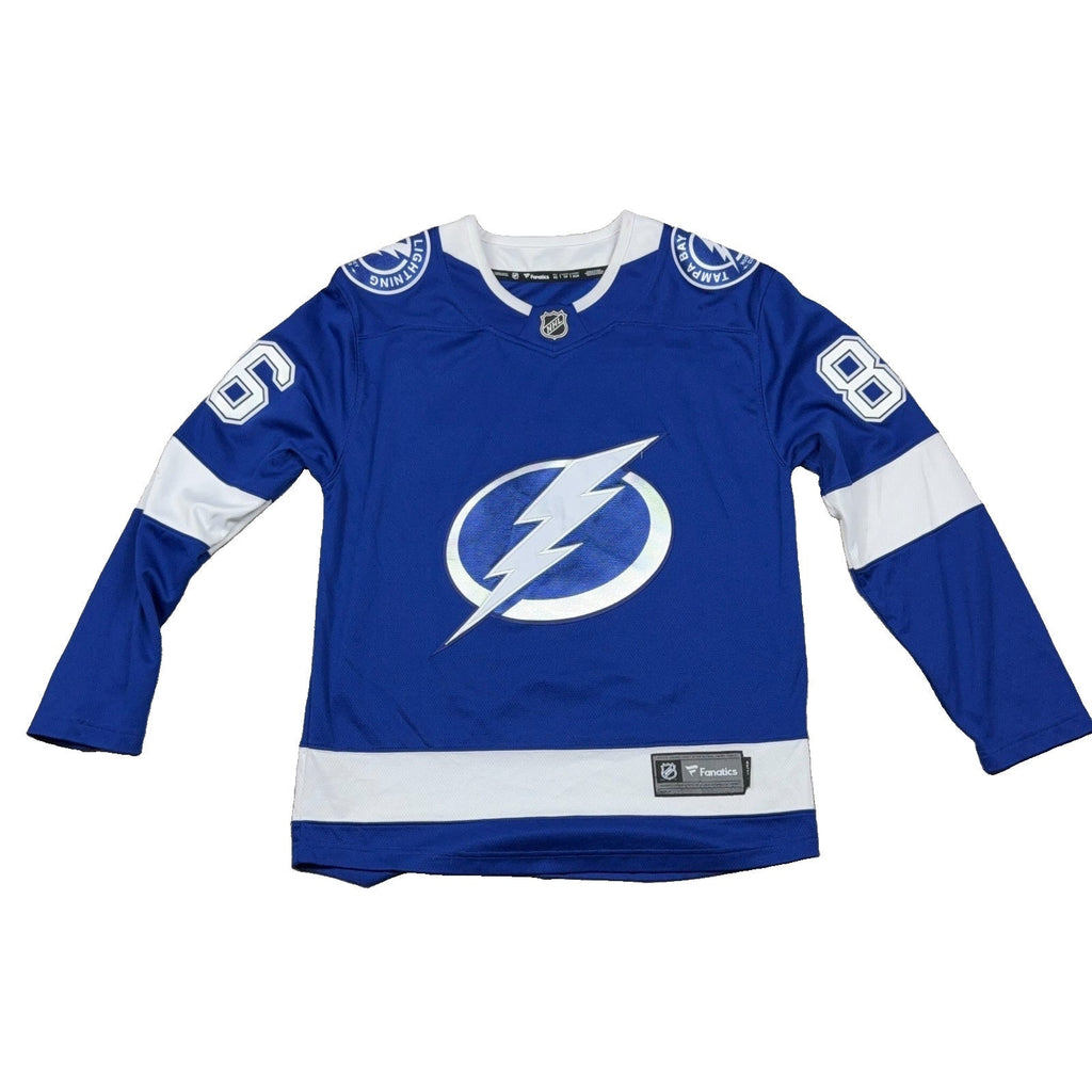 Second Half Supply Co, LLC blue and white Tampa Bay Lightning Nikita Kucherov #86 hockey jersey in men's size XS.