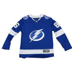 Second Half Supply Co, LLC blue and white Tampa Bay Lightning Nikita Kucherov #86 hockey jersey in men's size XS.