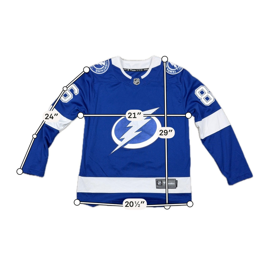 Second Half Supply Co, LLC Tampa Bay Lightning Kucherov #86 hockey jersey in blue and white with measurement overlays