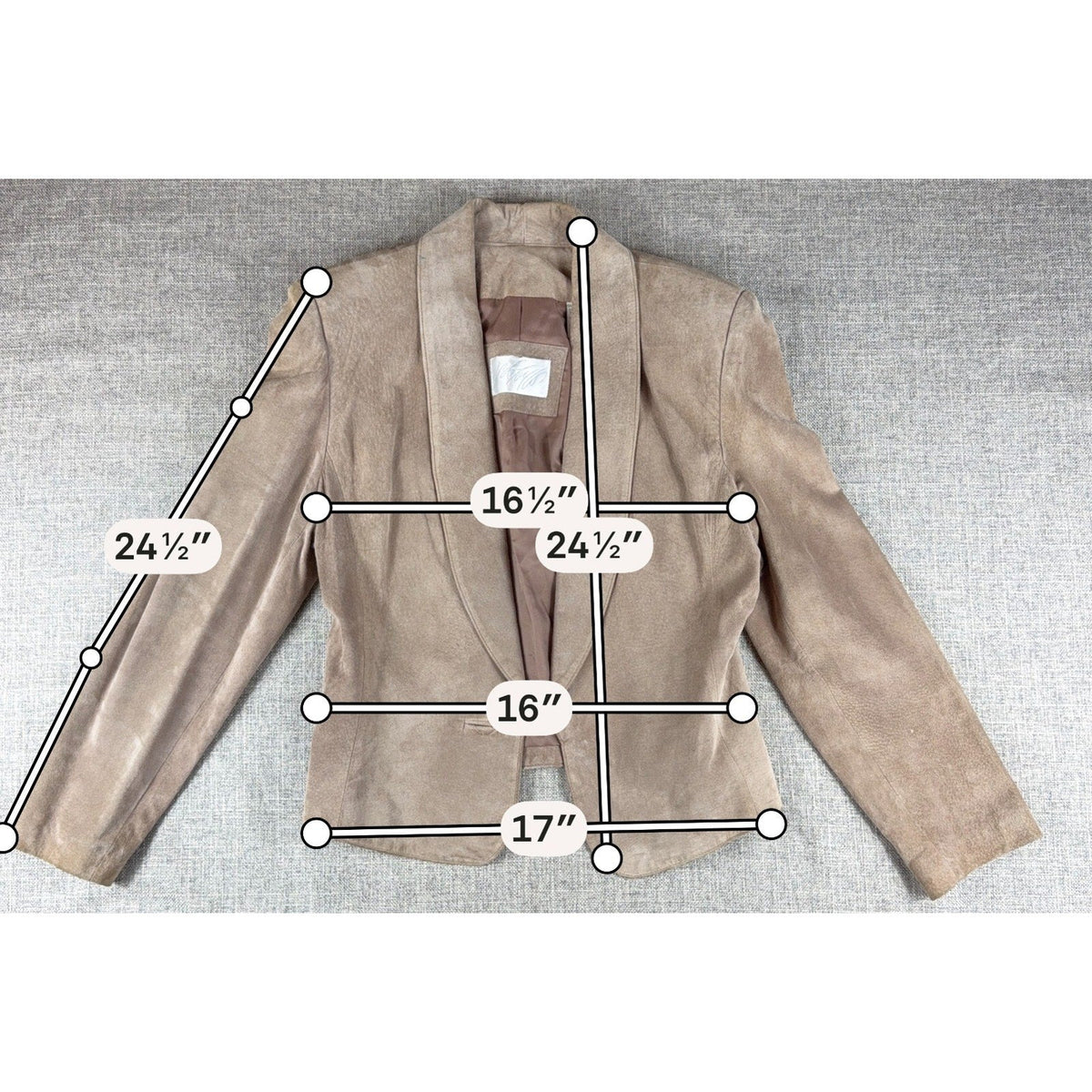 Second Half Supply Co, LLC vintage Valerie Stevens taupe suede leather blazer with measurement overlays