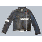 Second Half Supply Co, LLC Texas Tech denim jacket with Double T chest patch, button front, and measurement overlays.
