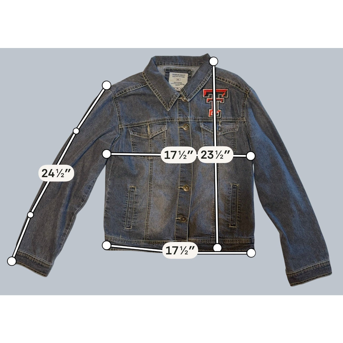 Second Half Supply Co, LLC Texas Tech denim jacket with Double T chest patch, button front, and measurement overlays.